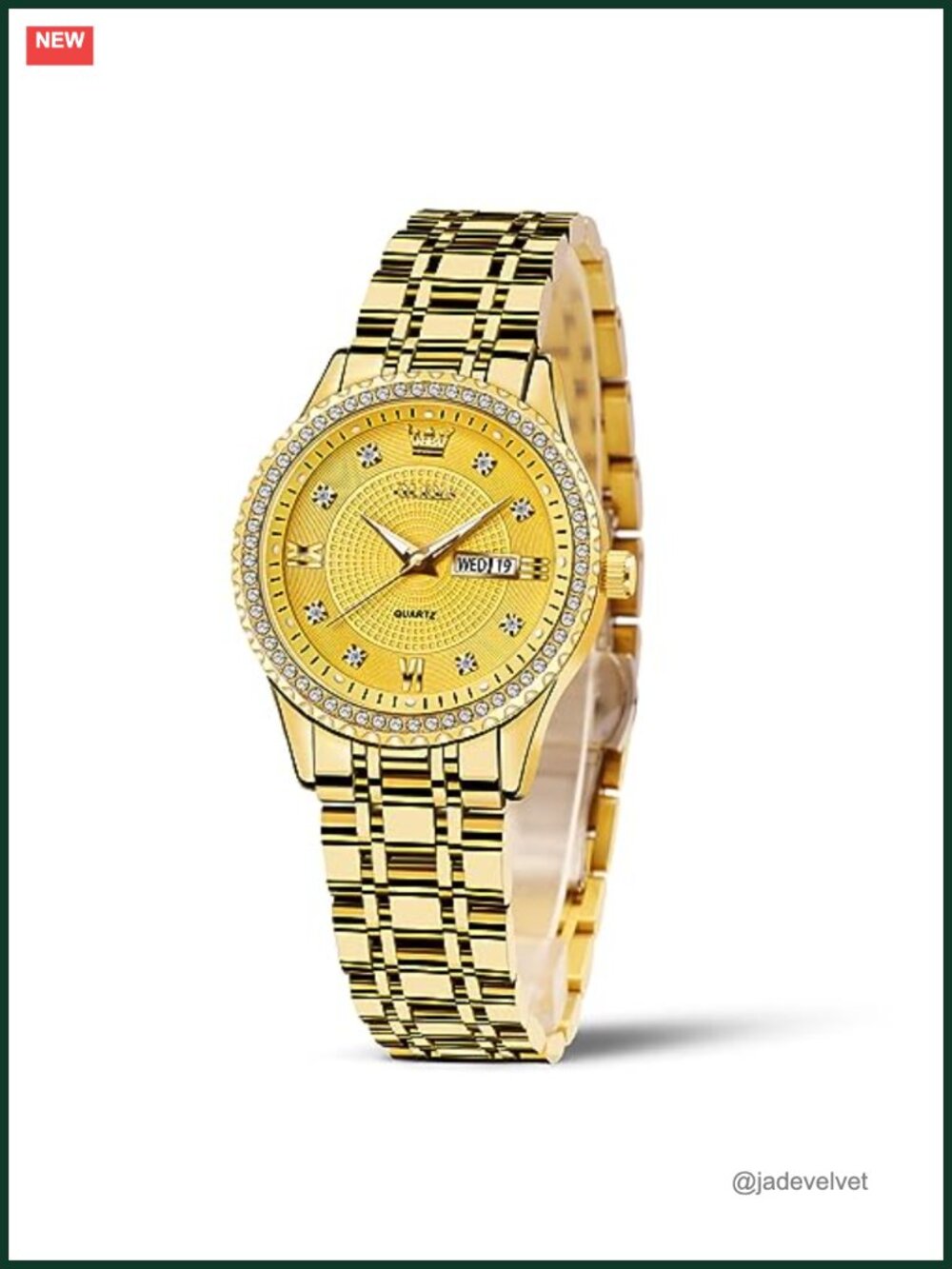 Small Gold Stainless Steel Womens Watch Day Date Luminous Diamond Bezel